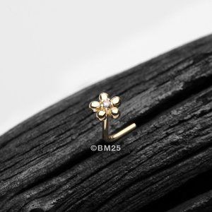 14 Karat Gold Adorable Flower Sparkle L-Shaped Nose Ring - Clear Gem